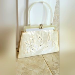 Florida Handbags of Miami Cream and White Vintage Purse Handbag with Bead Detail
